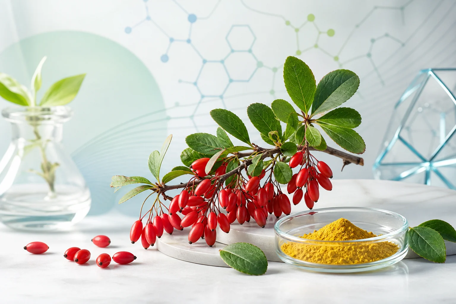 Berberis vulgaris e berberina em composição editorial sobre metabolismo
