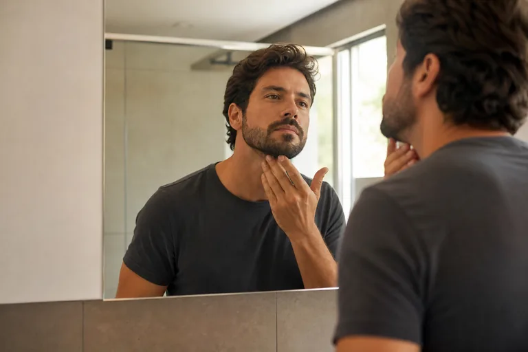 Homem observando a barba em um cuidado cotidiano