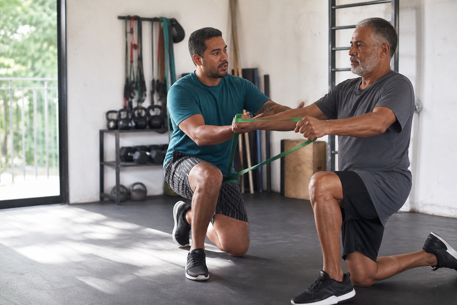 Dois homens em um treino de força acessível e orientado
