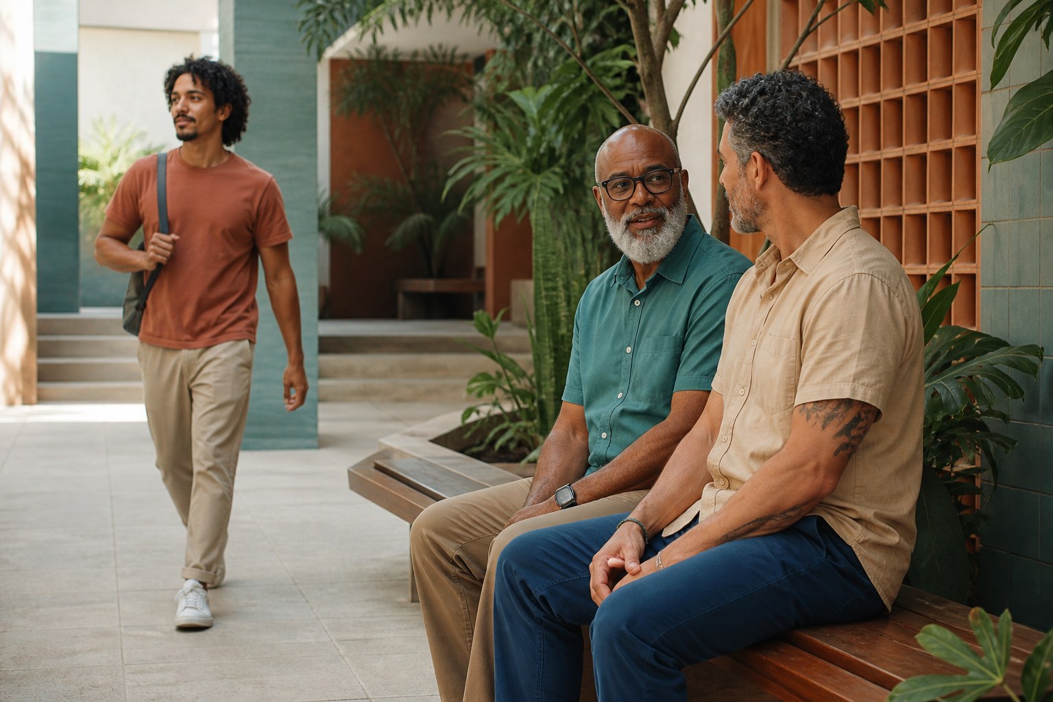 Homens brasileiros em diferentes fases da vida conversando