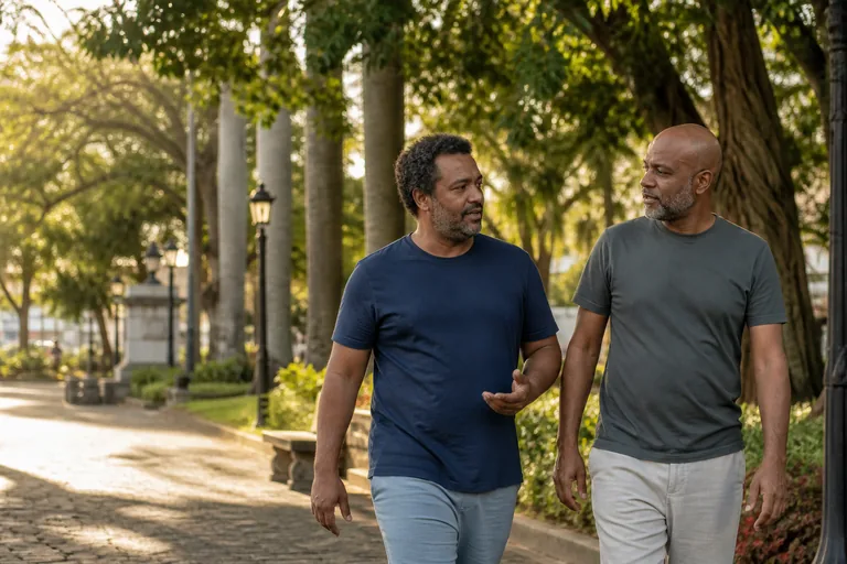 Dois amigos conversando durante uma caminhada