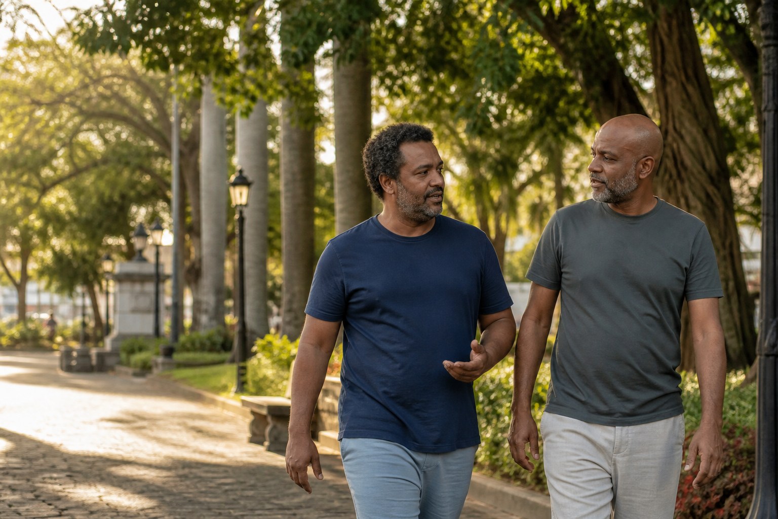 Dois amigos conversando durante uma caminhada