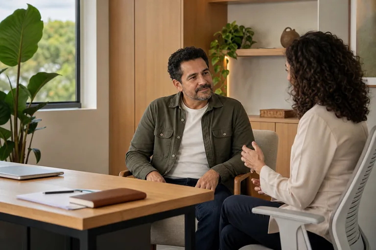 Homem em uma conversa acolhedora com profissional de saúde