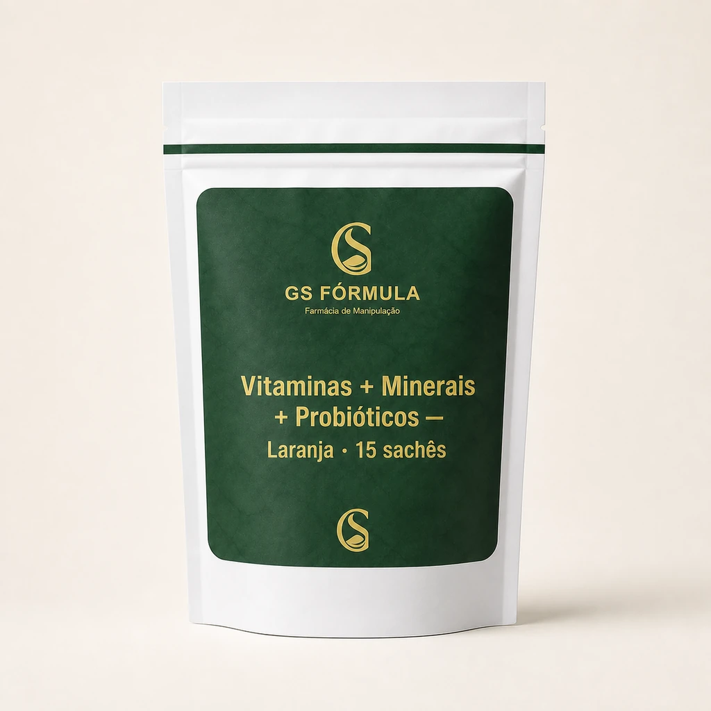Vitaminas + Minerais + Probióticos — Laranja · 15 sachês
